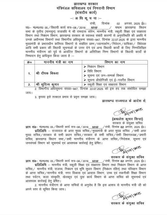 झारखंड मंत्रिमंडल में विभागीय फेरबदल, दीपक विरुवा को सूचना और विधि विभाग की अतिरिक्त जिम्मेदारी, शिक्षा विभाग संभालेंगे सुदिव्य कुमार सोनू 12 WhatsApp Image 2025 08 02 at 8.57.49 PM 1